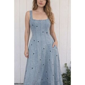 NWT Free Assembly Blue Heart Embroidered Denim Midi Dress XS 0-2 Prairie Western